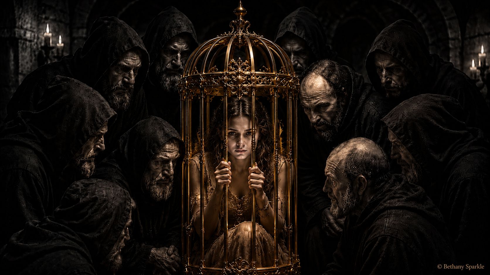 Girl in gold cage