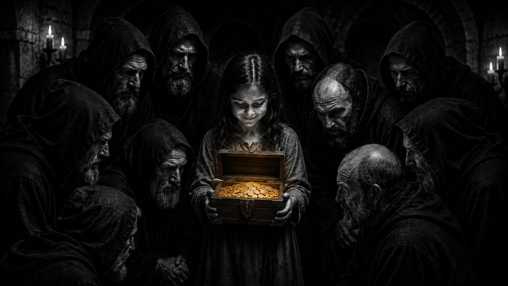 Girl holds chest of gold coins sorrounded by old men promising her richness