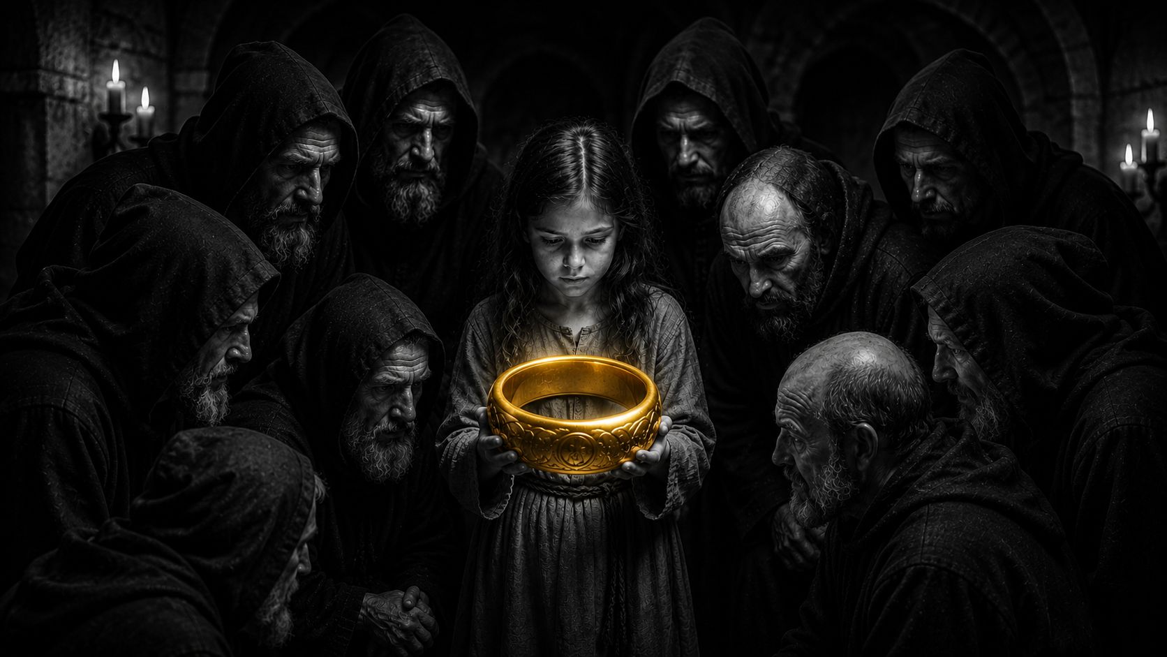 Girl holds golden ring sorrounded by old men promising her richness